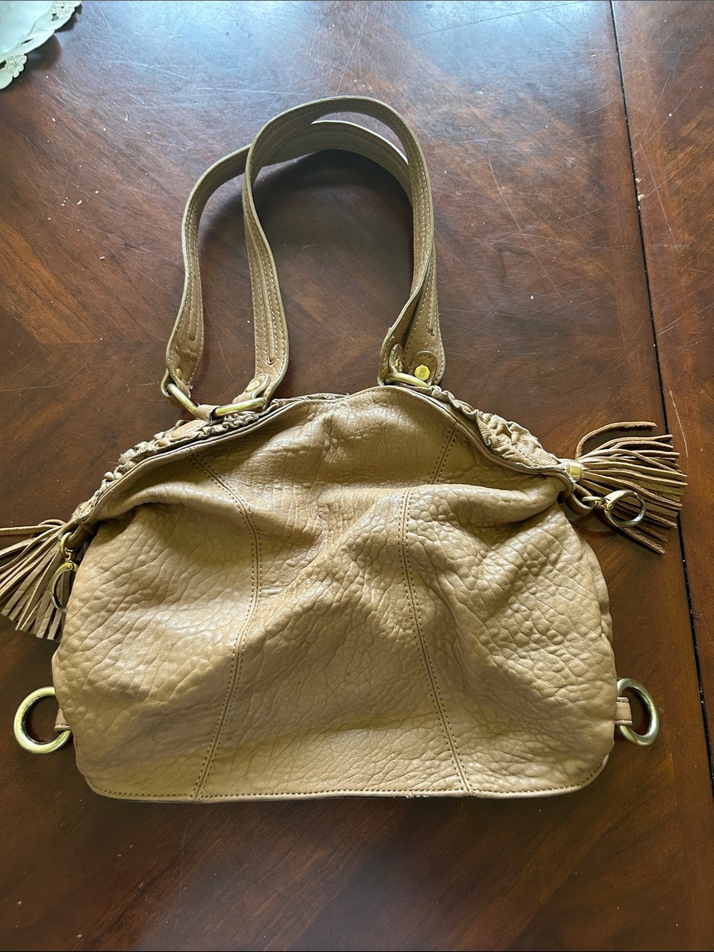bill blass Beige Leather Tassel Shoulder Bag